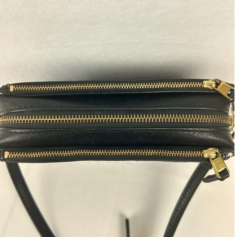 Fossil Black White Key Print Triple Zip Crossbody Bag Brass‎ Hardware